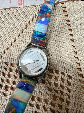Vintage Navajo Sterling Silver Fire Opal Inlay Watch By Lorenzo Livingston